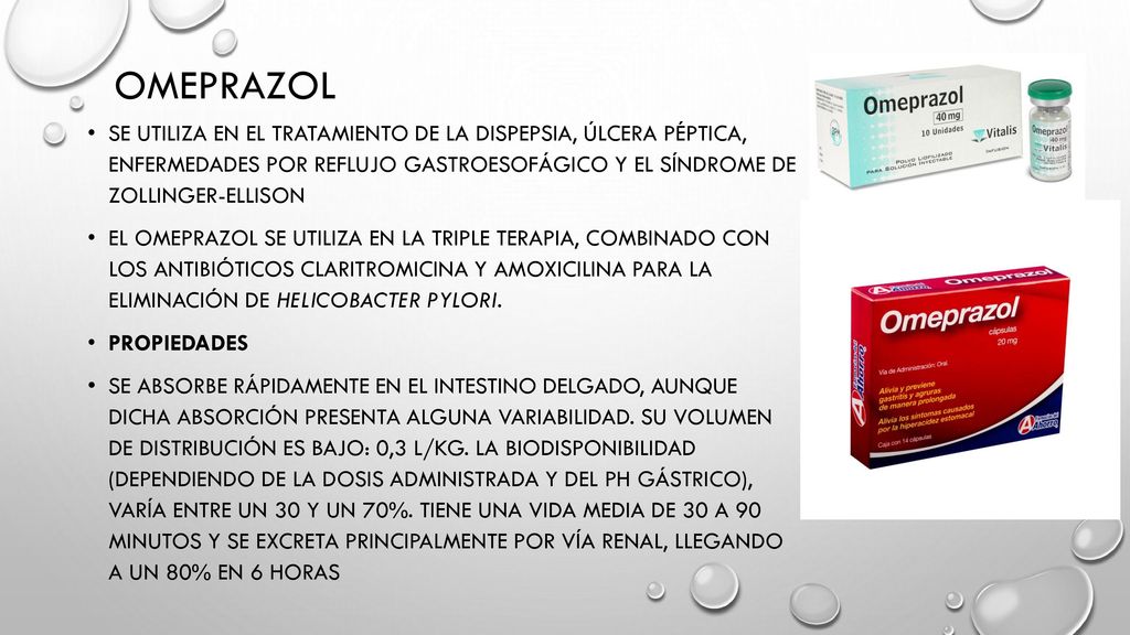 Omeprazol se utiliza en el tratamiento de la dispepsia, úlcera péptica, enfermedades por reflujo gastroesofágico y el síndrome de Zollinger-Ellison.
