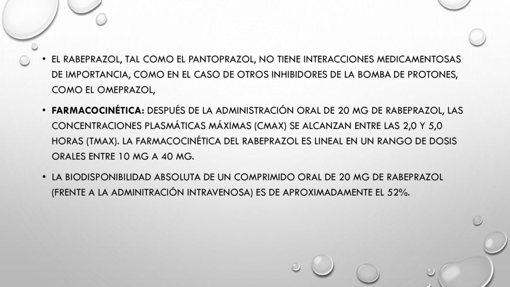 El rabeprazol, tal como el pantoprazol, no tiene interacciones medicamentosas de importancia, como en el caso de otros inhibidores de la bomba de protones, como el omeprazol,