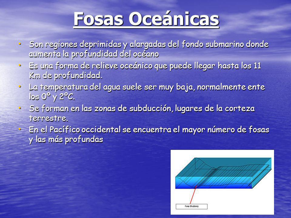 Fosas Oceánicas Son regiones deprimidas y alargadas del fondo submarino donde aumenta la profundidad del océano.
