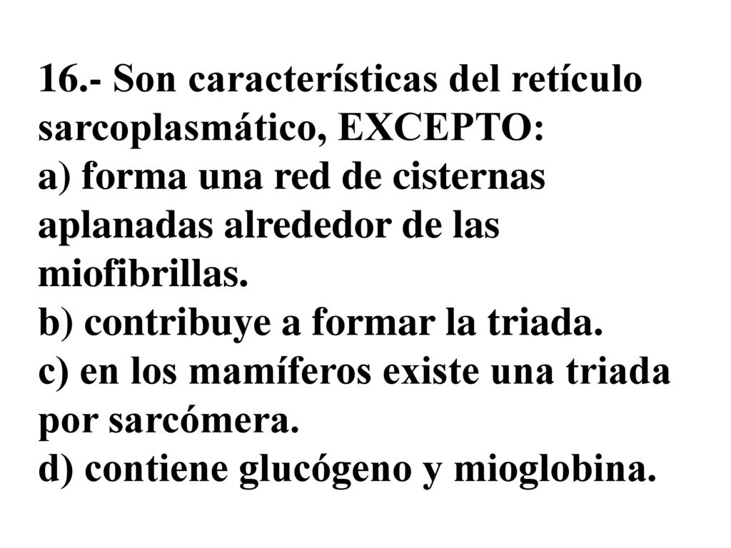 16.- Son características del retículo sarcoplasmático, EXCEPTO: a) forma una red de cisternas aplanadas alrededor de las miofibrillas.