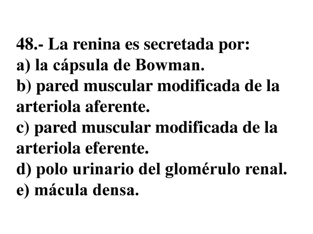48. - La renina es secretada por: a) la cápsula de Bowman