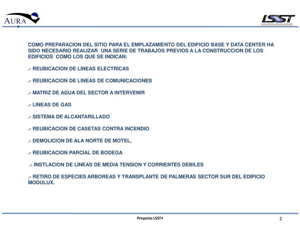 COMO PREPARACION DEL SITIO PARA EL EMPLAZAMIENTO DEL EDIFICIO BASE Y DATA CENTER HA SIDO NECESARIO REALIZAR UNA SERIE DE TRABAJOS PREVIOS A LA CONSTRUCCION DE LOS EDIFICIOS COMO LOS QUE SE INDICAN: .- REUBICACION DE LINEAS ELECTRICAS .- REUBICACION DE LINEAS DE COMUNICACIONES .- MATRIZ DE AGUA DEL SECTOR A INTERVENIR .- LINEAS DE GAS .- SISTEMA DE ALCANTARILLADO .- REUBICACION DE CASETAS CONTRA INCENDIO .- DEMOLICION DE ALA NORTE DE MOTEL, .- REUBICACION PARCIAL DE BODEGA .- INSTLACION DE LINEAS DE MEDIA TENSION Y CORRIENTES DEBILES .- RETIRO DE ESPECIES ARBOREAS Y TRANSPLANTE DE PALMERAS SECTOR SUR DEL EDIFICIO MODULUX.