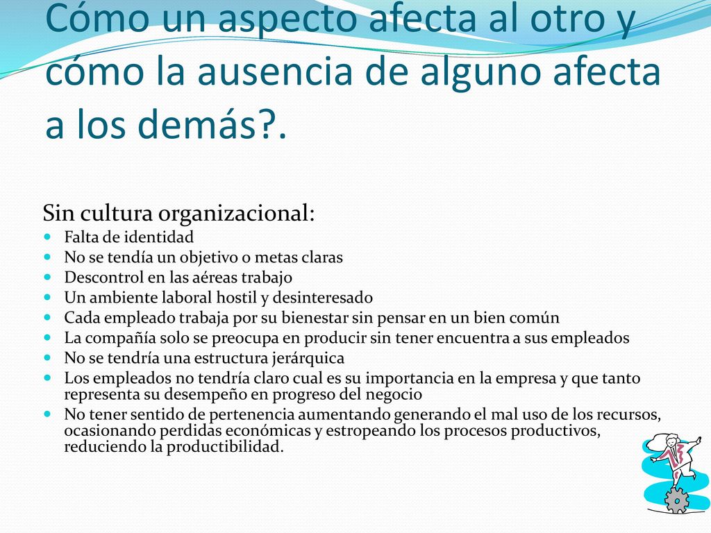 Cómo un aspecto afecta al otro y cómo la ausencia de alguno afecta a los demás .