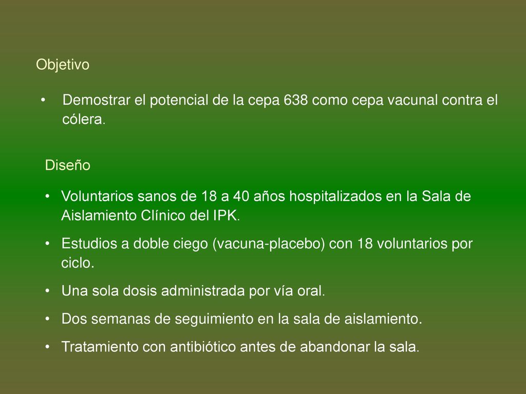 Objetivo Demostrar el potencial de la cepa 638 como cepa vacunal contra el cólera. Diseño.