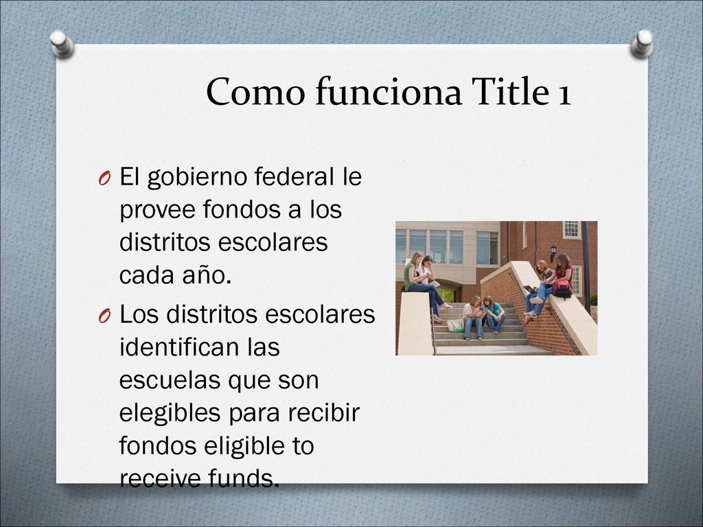 Como funciona Title 1 El gobierno federal le provee fondos a los distritos escolares cada año.