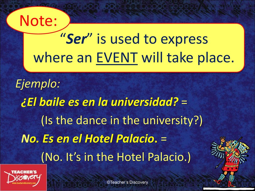 Note: Ser is used to express where an EVENT will take place.