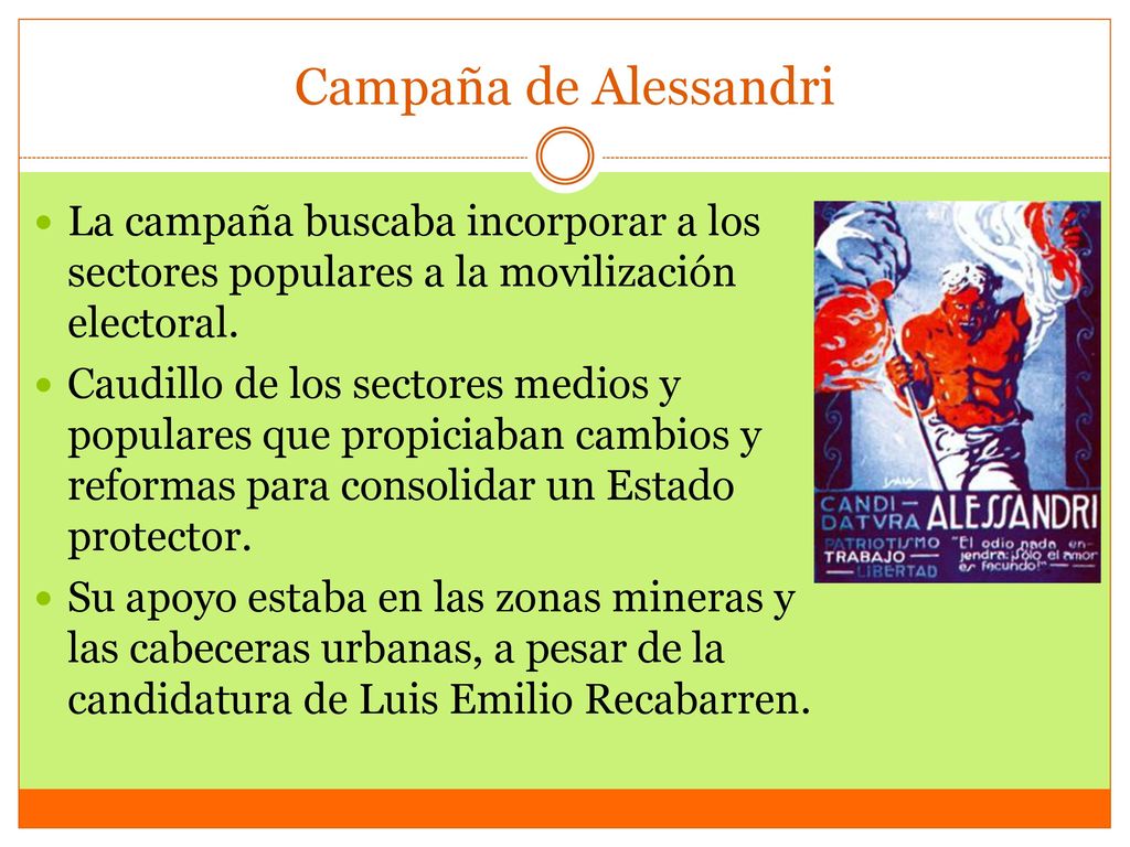 Campaña de Alessandri La campaña buscaba incorporar a los sectores populares a la movilización electoral.