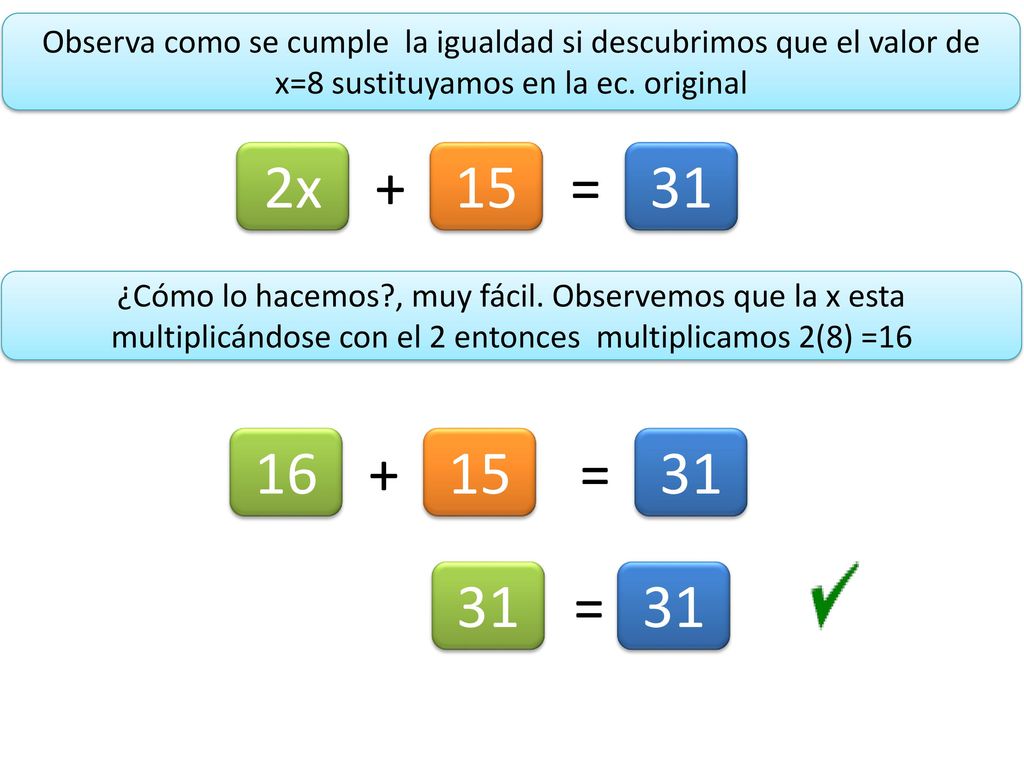 Observa como se cumple la igualdad si descubrimos que el valor de x=8 sustituyamos en la ec. original