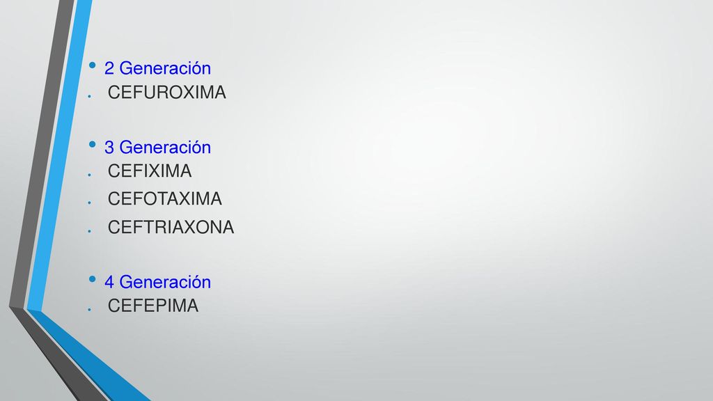2 Generación CEFUROXIMA 3 Generación CEFIXIMA CEFOTAXIMA CEFTRIAXONA 4 Generación CEFEPIMA