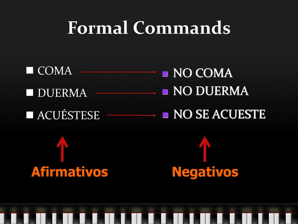 Formal Commands Afirmativos Negativos NO COMA NO DUERMA NO SE ACUESTE