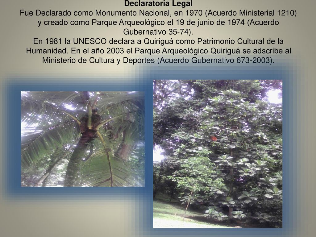 Declaratoria Legal Fue Declarado como Monumento Nacional, en 1970 (Acuerdo Ministerial 1210) y creado como Parque Arqueológico el 19 de junio de 1974 (Acuerdo Gubernativo 35-74).