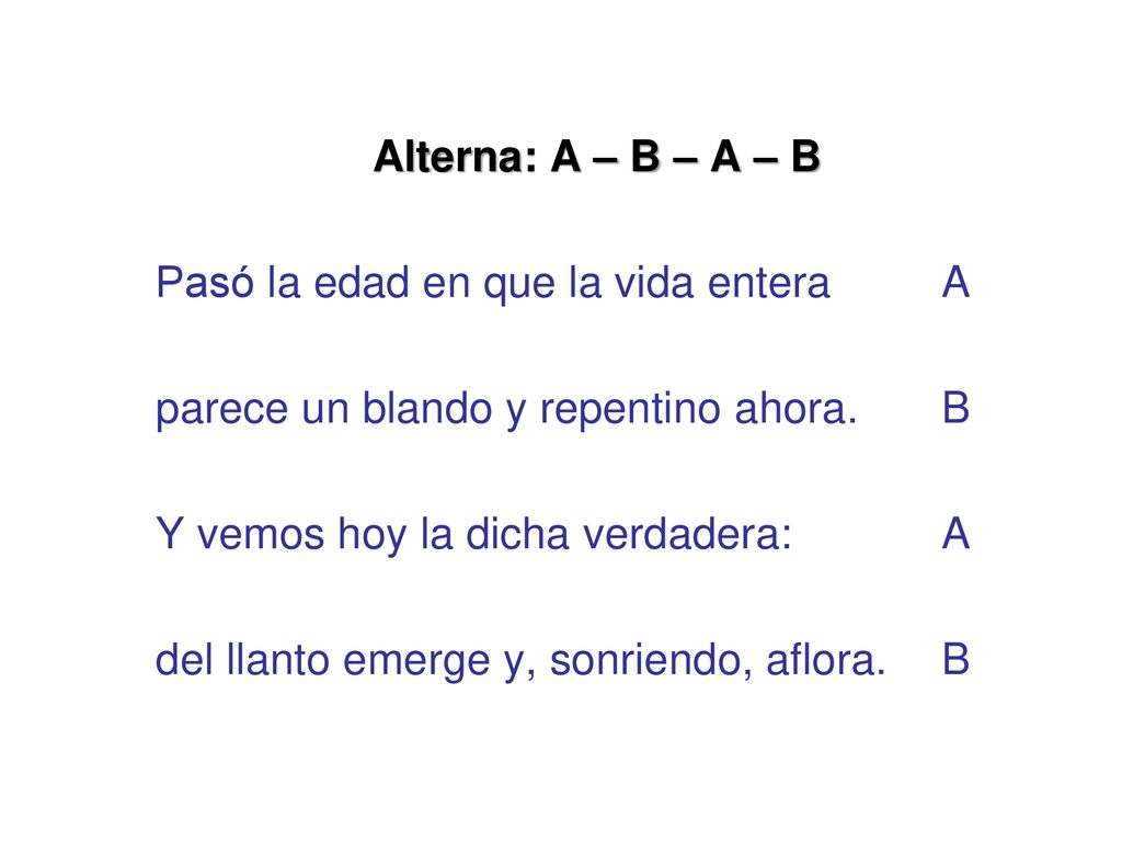 Alterna: A – B – A – B Pasó la edad en que la vida entera A parece un blando y repentino ahora.
