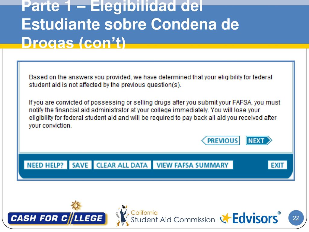 Parte 1 – Elegibilidad del Estudiante sobre Condena de Drogas (con’t)