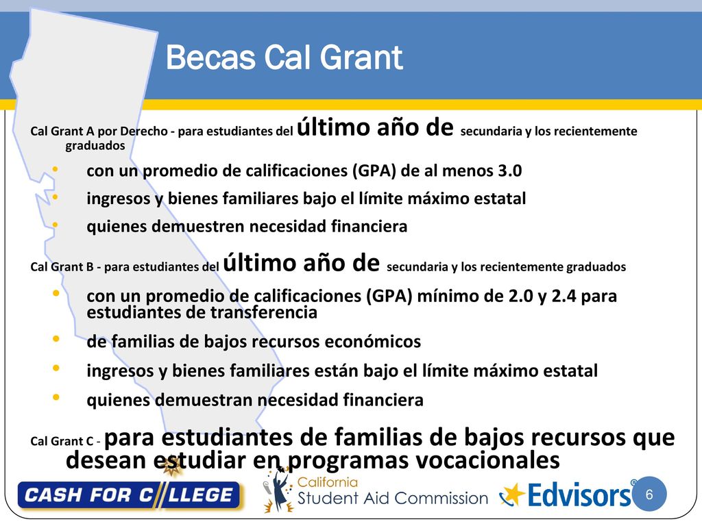 Becas Cal Grant Cal Grant A por Derecho - para estudiantes del último año de secundaria y los recientemente graduados.