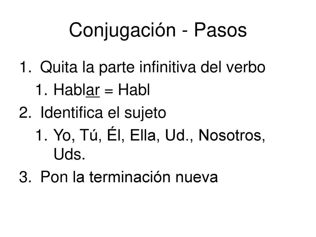 Conjugación - Pasos Quita la parte infinitiva del verbo Hablar = Habl