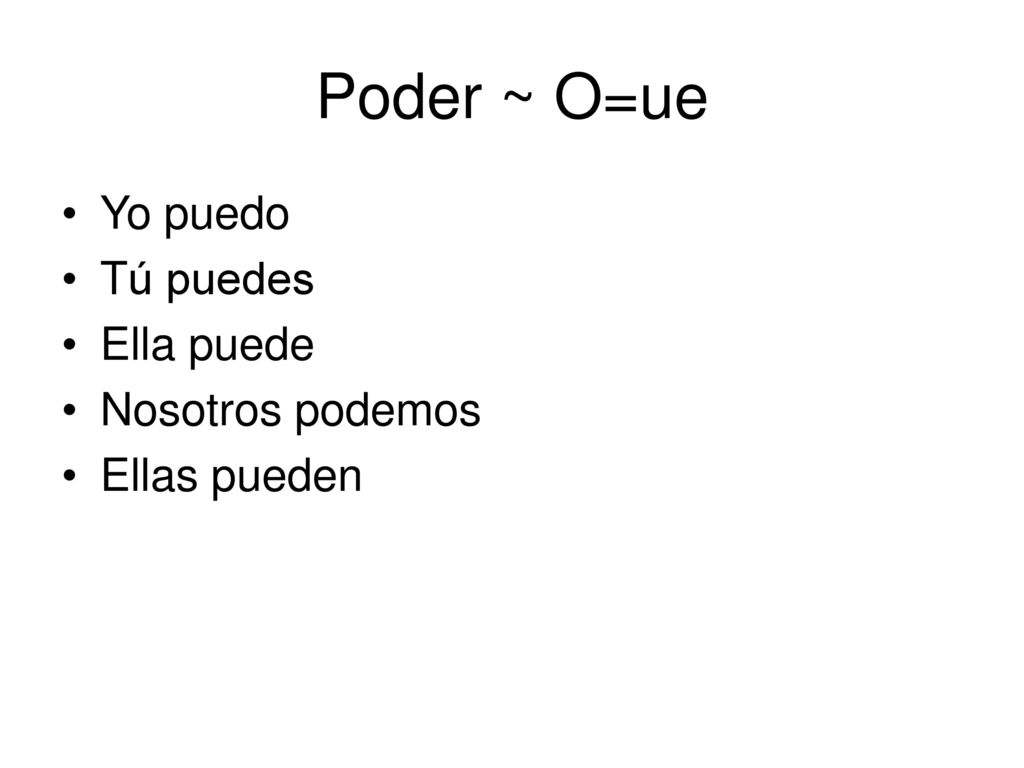 Poder ~ O=ue Yo puedo Tú puedes Ella puede Nosotros podemos