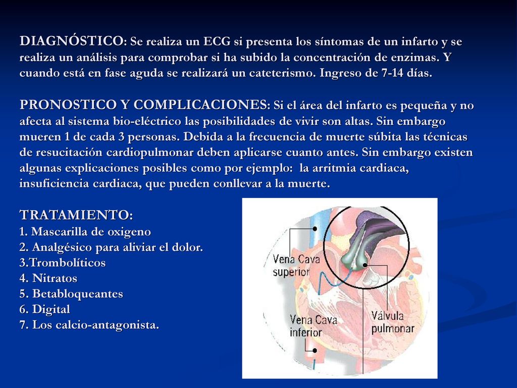 DIAGNÓSTICO: Se realiza un ECG si presenta los síntomas de un infarto y se realiza un análisis para comprobar si ha subido la concentración de enzimas.