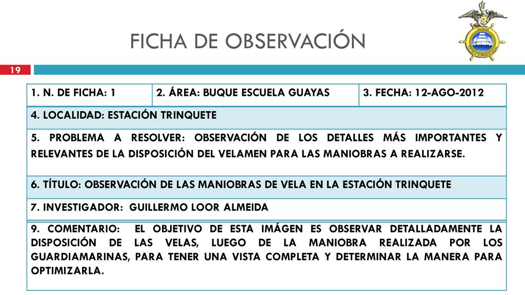 FICHA DE OBSERVACIÓN 1. N. DE FICHA: 1 2. ÁREA: BUQUE ESCUELA GUAYAS
