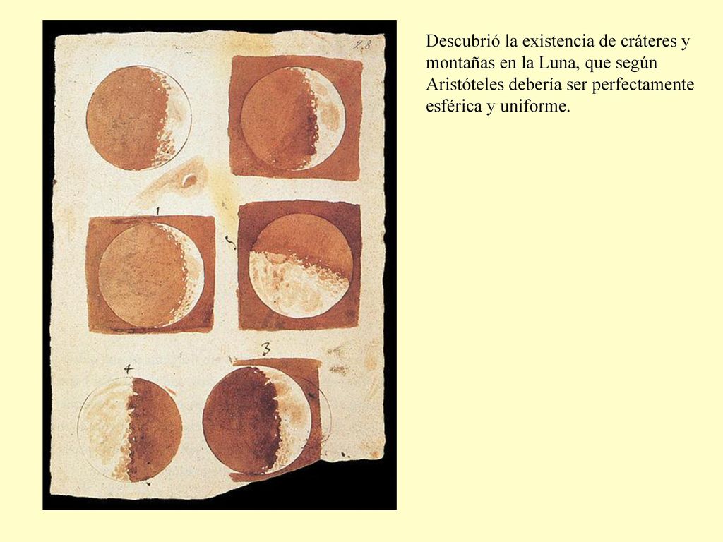 Descubrió la existencia de cráteres y montañas en la Luna, que según Aristóteles debería ser perfectamente esférica y uniforme.
