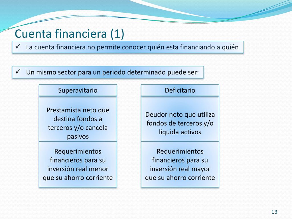 Cuenta financiera (1) La cuenta financiera no permite conocer quién esta financiando a quién. Un mismo sector para un periodo determinado puede ser: