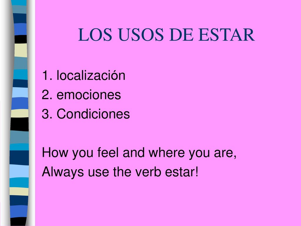 LOS USOS DE ESTAR 1. localización 2. emociones 3. Condiciones