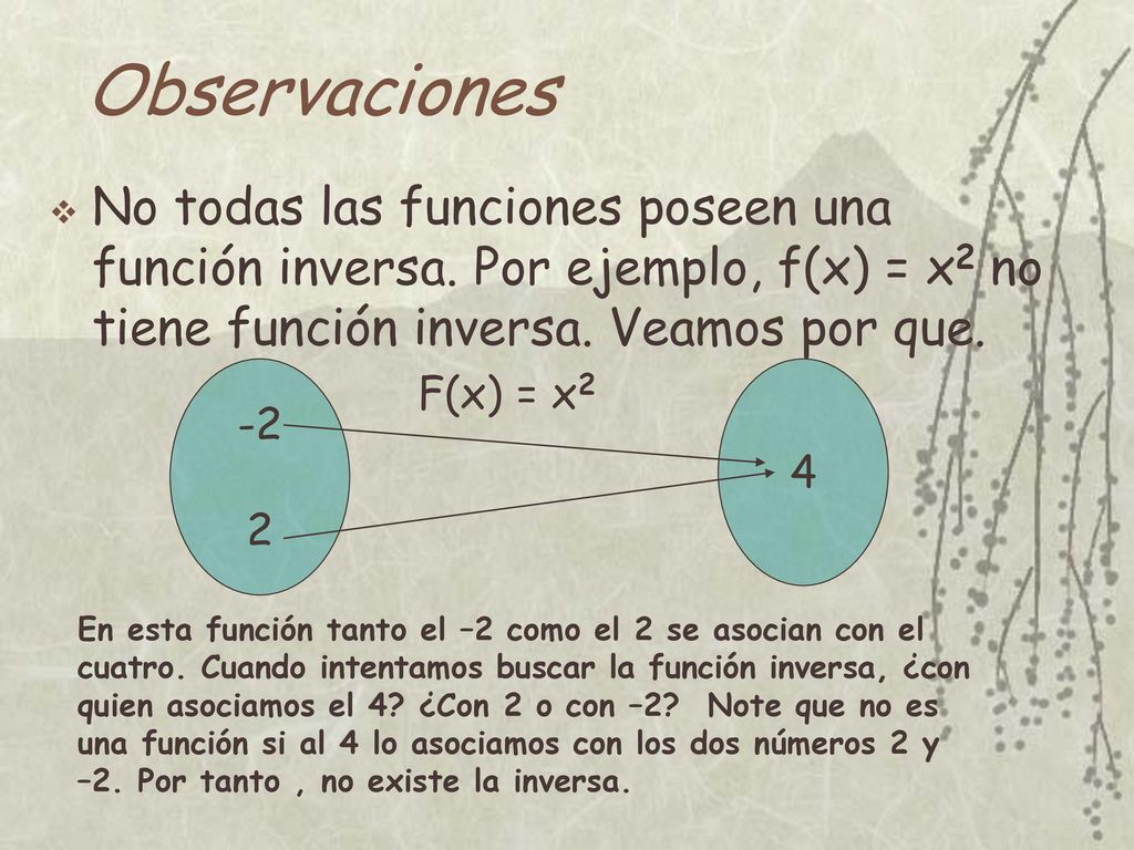 Observaciones No todas las funciones poseen una función inversa. Por ejemplo, f(x) = x2 no tiene función inversa. Veamos por que.