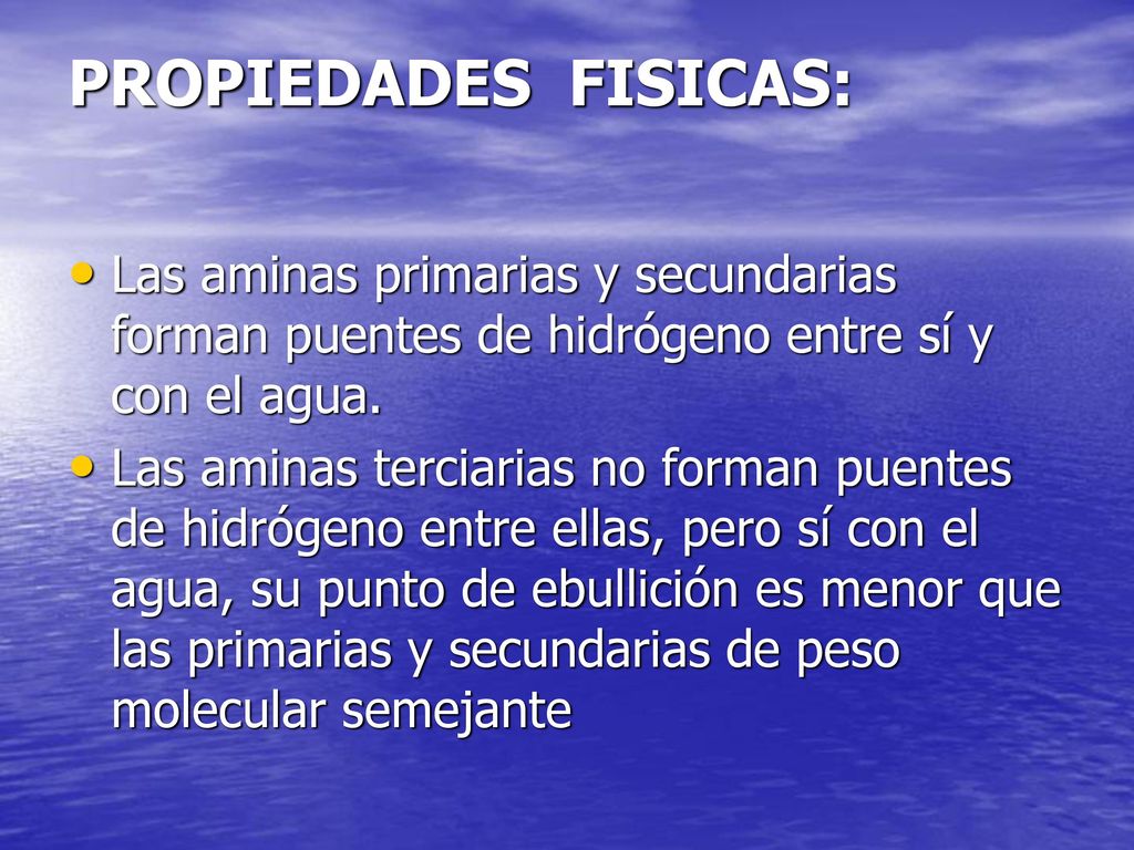 PROPIEDADES FISICAS: Las aminas primarias y secundarias forman puentes de hidrógeno entre sí y con el agua.