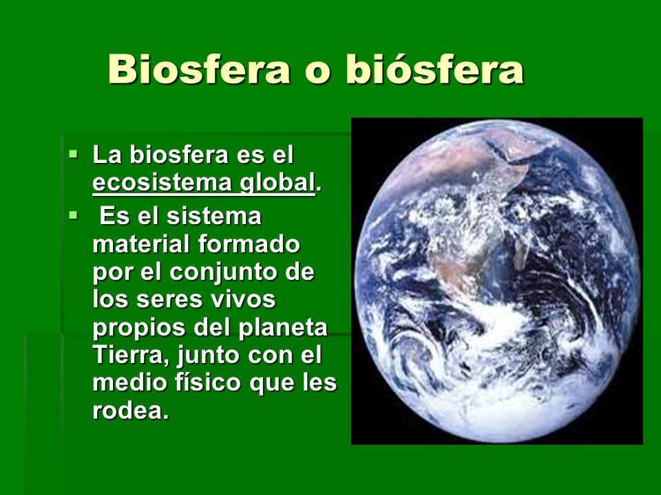 Biosfera o biósfera La biosfera es el ecosistema global.