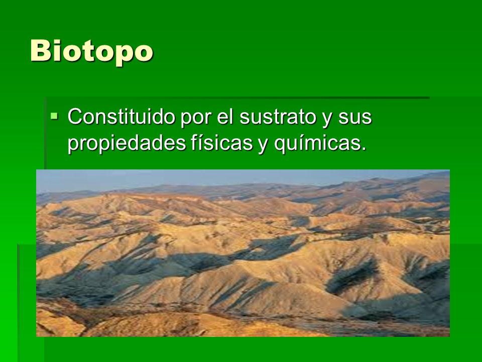 Biotopo Constituido por el sustrato y sus propiedades físicas y químicas.