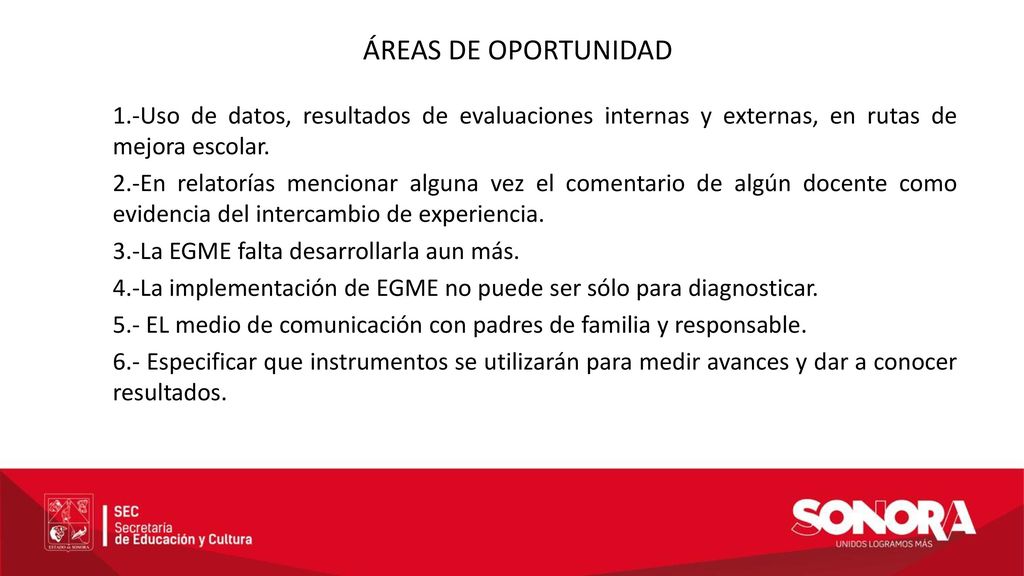 ÁREAS DE OPORTUNIDAD 1.-Uso de datos, resultados de evaluaciones internas y externas, en rutas de mejora escolar.