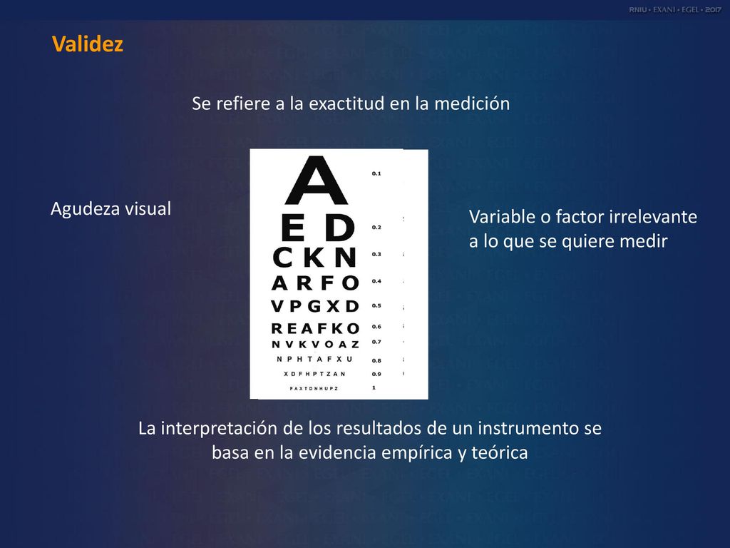 Validez Se refiere a la exactitud en la medición Agudeza visual