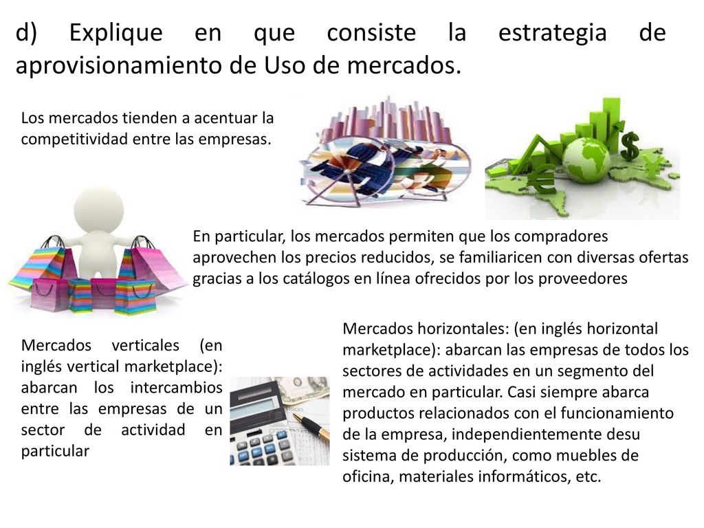 d) Explique en que consiste la estrategia de aprovisionamiento de Uso de mercados.