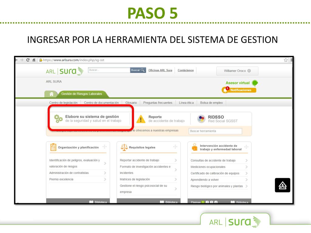 PASO 5 INGRESAR POR LA HERRAMIENTA DEL SISTEMA DE GESTION