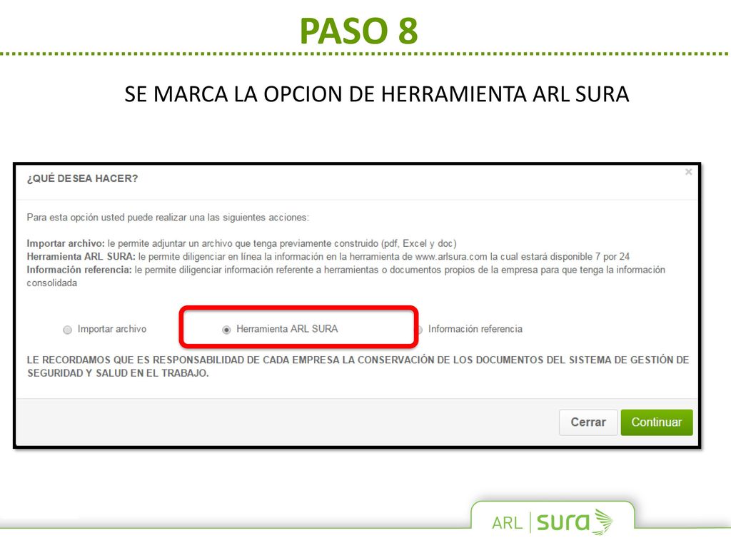SE MARCA LA OPCION DE HERRAMIENTA ARL SURA
