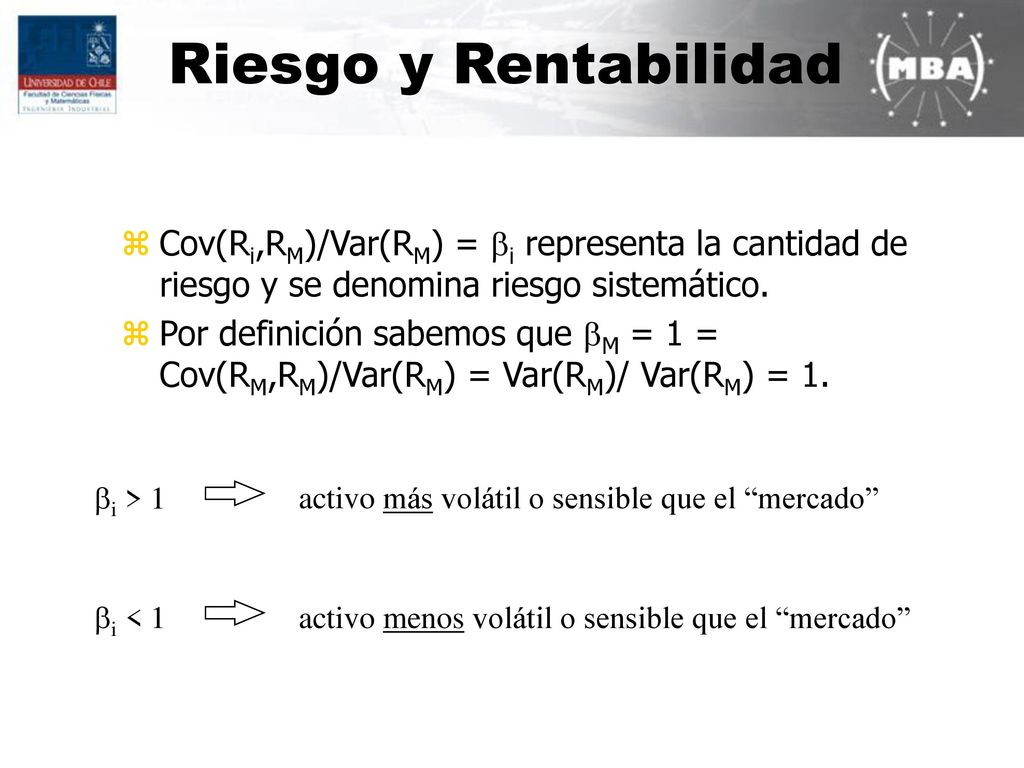 Riesgo y Rentabilidad Cov(Ri,RM)/Var(RM) = bi representa la cantidad de riesgo y se denomina riesgo sistemático.