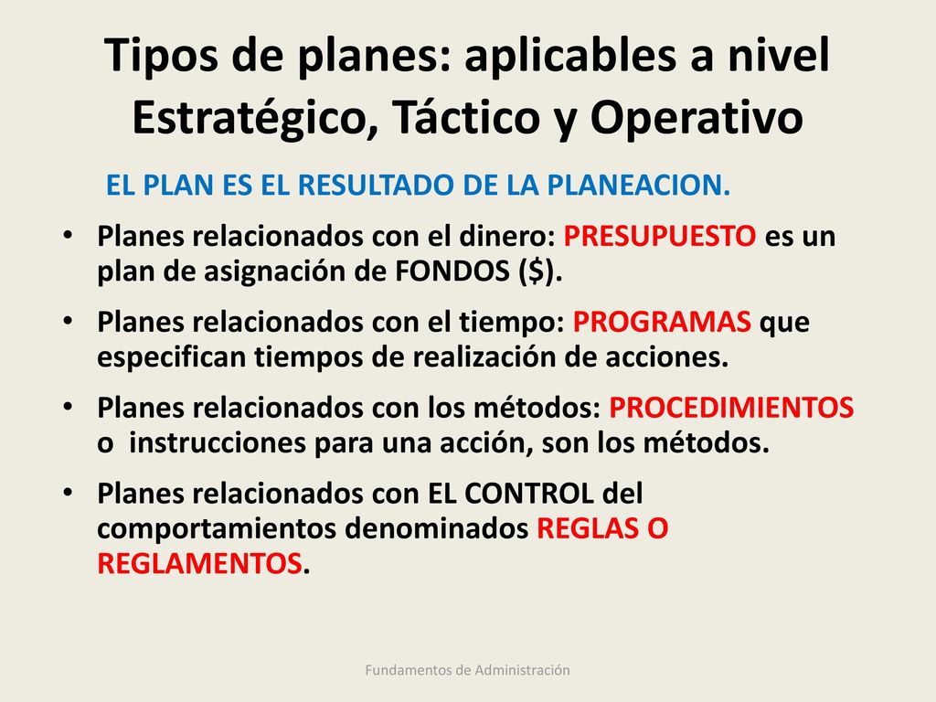Tipos de planes: aplicables a nivel Estratégico, Táctico y Operativo