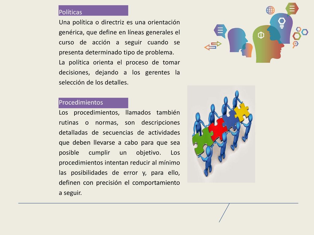 Políticas Una política o directriz es una orientación genérica, que define en líneas generales el curso de acción a seguir cuando se presenta determinado tipo de problema.