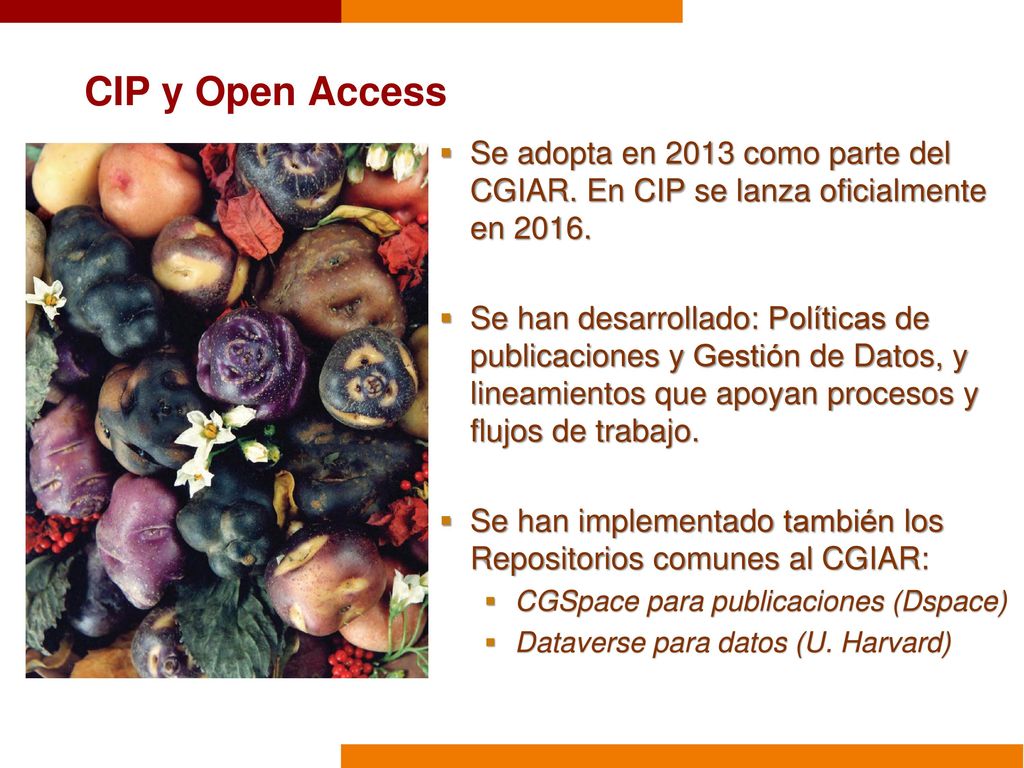 6/18/2018 CIP y Open Access. Se adopta en 2013 como parte del CGIAR. En CIP se lanza oficialmente en