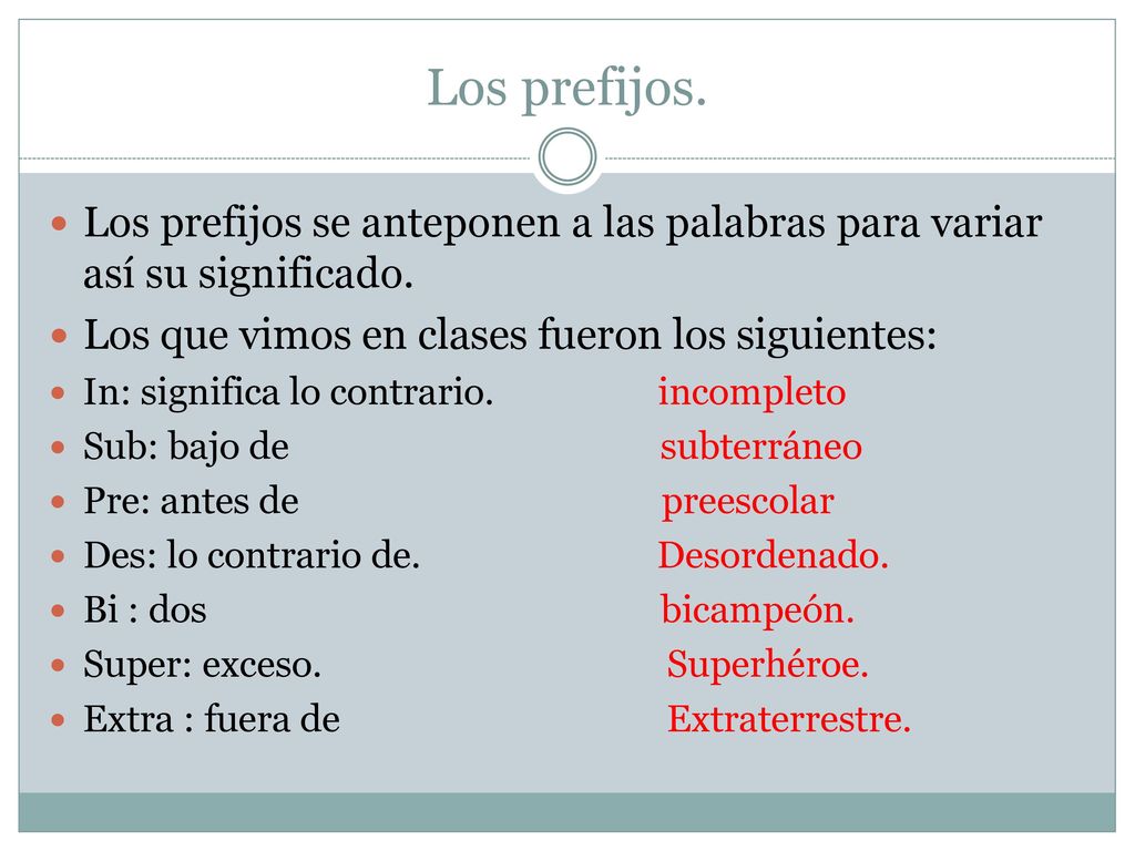 Los prefijos. Los prefijos se anteponen a las palabras para variar así su significado. Los que vimos en clases fueron los siguientes: