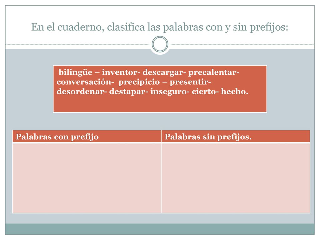En el cuaderno, clasifica las palabras con y sin prefijos: