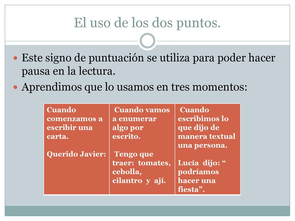El uso de los dos puntos. Este signo de puntuación se utiliza para poder hacer pausa en la lectura.