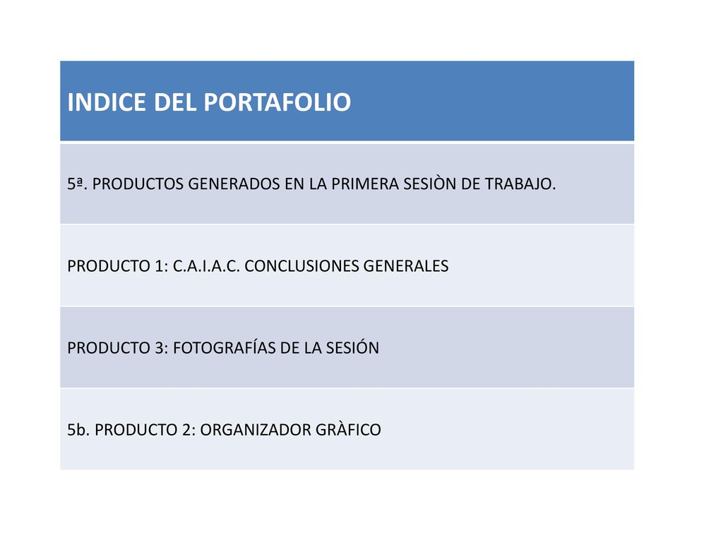 INDICE DEL PORTAFOLIO 5ª. PRODUCTOS GENERADOS EN LA PRIMERA SESIÒN DE TRABAJO. PRODUCTO 1: C.A.I.A.C. CONCLUSIONES GENERALES.