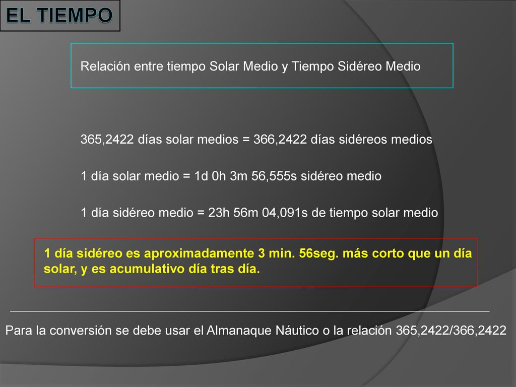 El TIEMPO Relación entre tiempo Solar Medio y Tiempo Sidéreo Medio