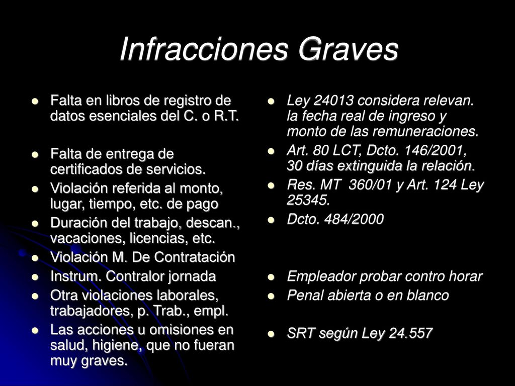 Infracciones Graves Falta en libros de registro de datos esenciales del C. o R.T. Falta de entrega de certificados de servicios.