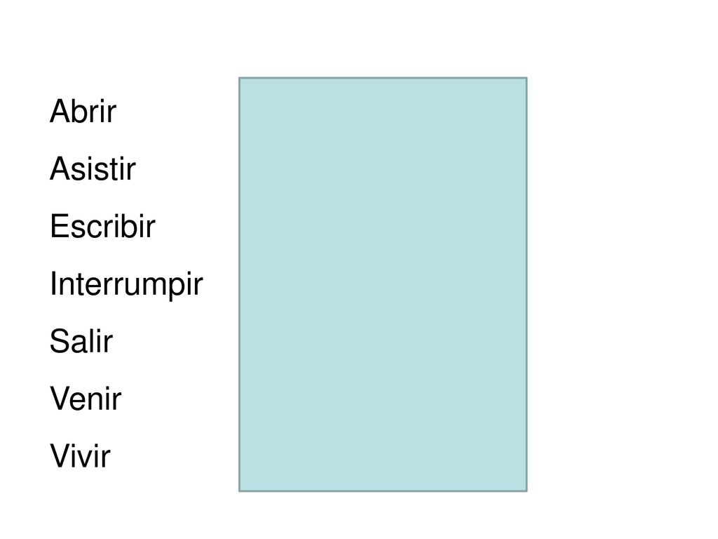 Abrir - to open Asistir - to attend. Escribir - to write. Interrumpir - to interrupt. Salir - to leave, go out.