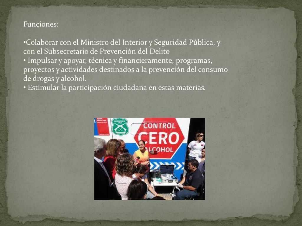 Funciones: Colaborar con el Ministro del Interior y Seguridad Pública, y con el Subsecretario de Prevención del Delito.