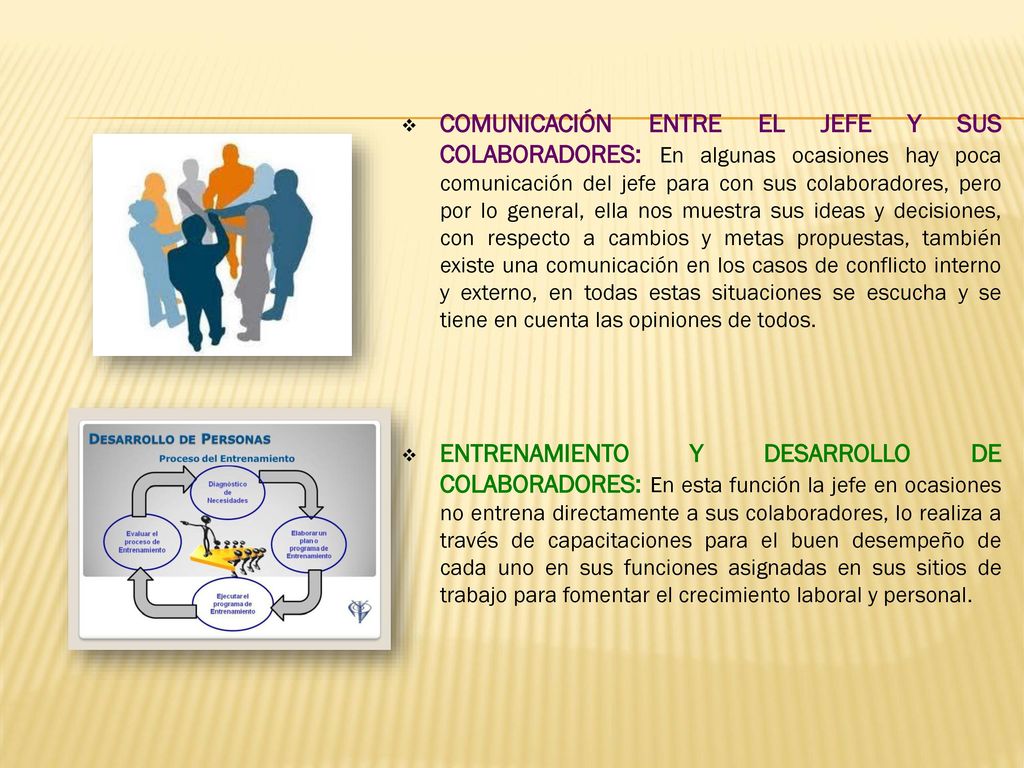 COMUNICACIÓN ENTRE EL JEFE Y SUS COLABORADORES: En algunas ocasiones hay poca comunicación del jefe para con sus colaboradores, pero por lo general, ella nos muestra sus ideas y decisiones, con respecto a cambios y metas propuestas, también existe una comunicación en los casos de conflicto interno y externo, en todas estas situaciones se escucha y se tiene en cuenta las opiniones de todos.