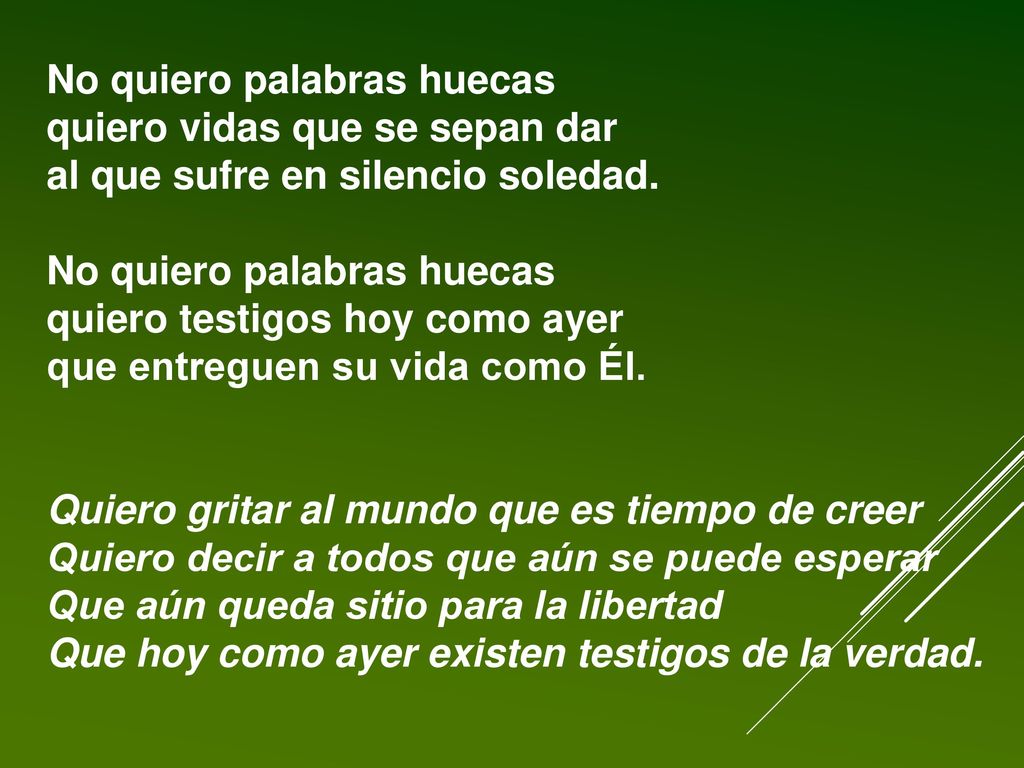 No quiero palabras huecas quiero vidas que se sepan dar al que sufre en silencio soledad. No quiero palabras huecas quiero testigos hoy como ayer que entreguen su vida como Él.