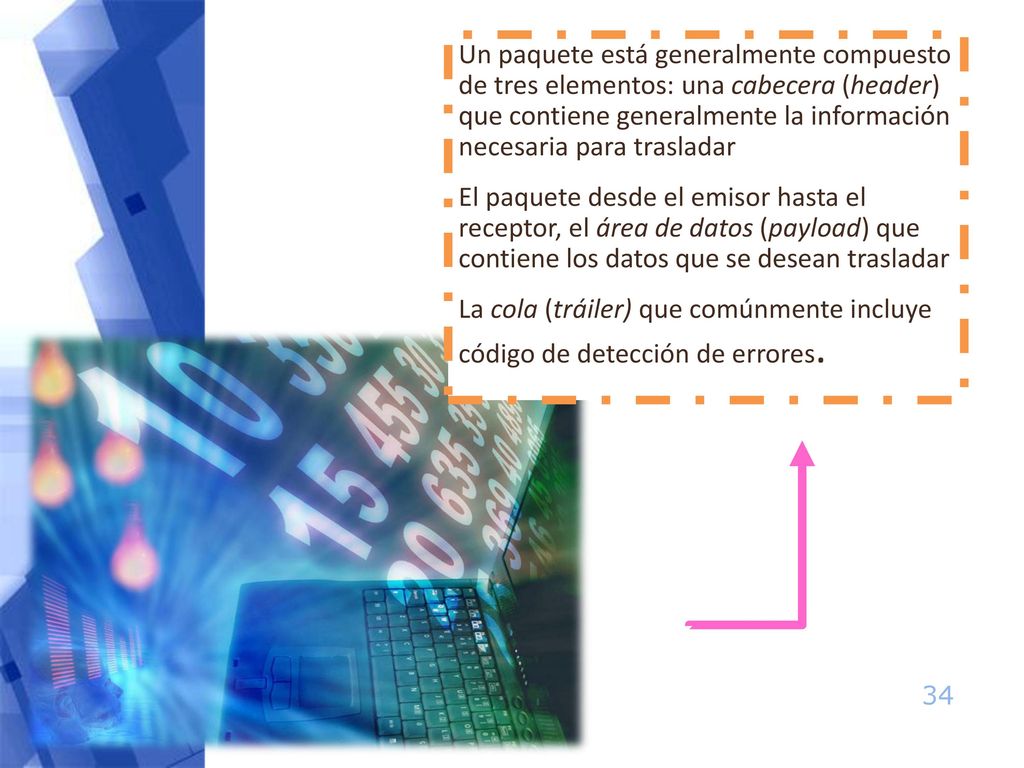 Un paquete está generalmente compuesto de tres elementos: una cabecera (header) que contiene generalmente la información necesaria para trasladar