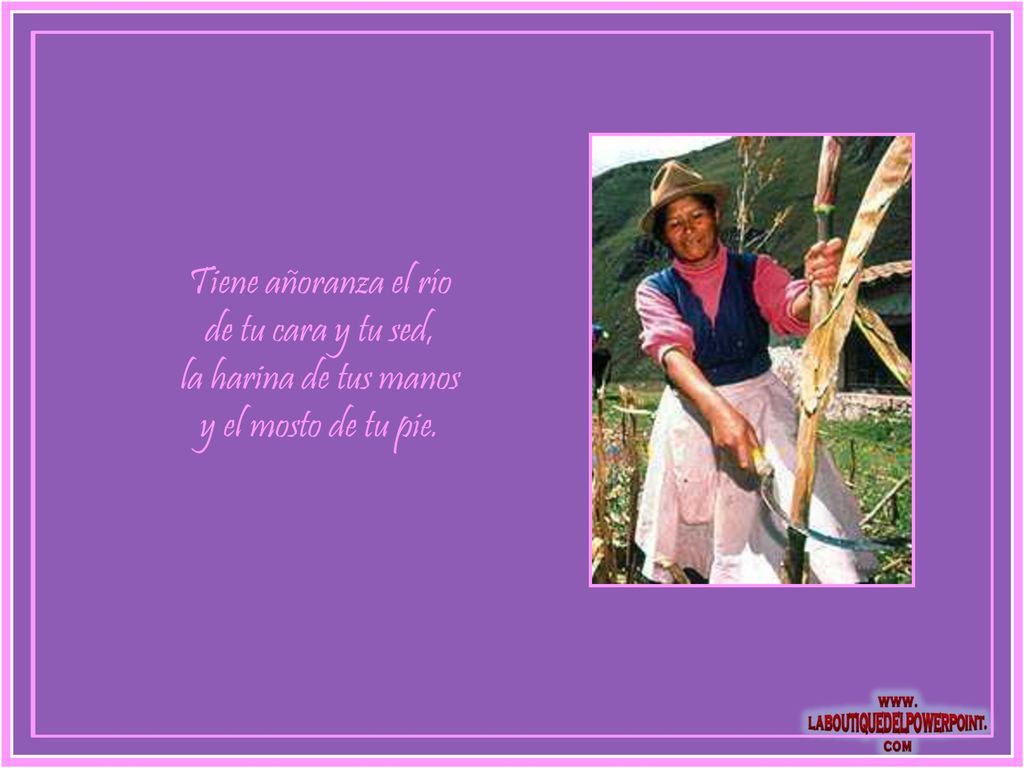 Tiene añoranza el río de tu cara y tu sed, la harina de tus manos y el mosto de tu pie.